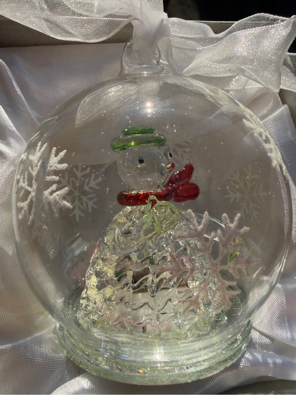 Snowman Clear Spun hand Blown Glass Ornament light up snowflake